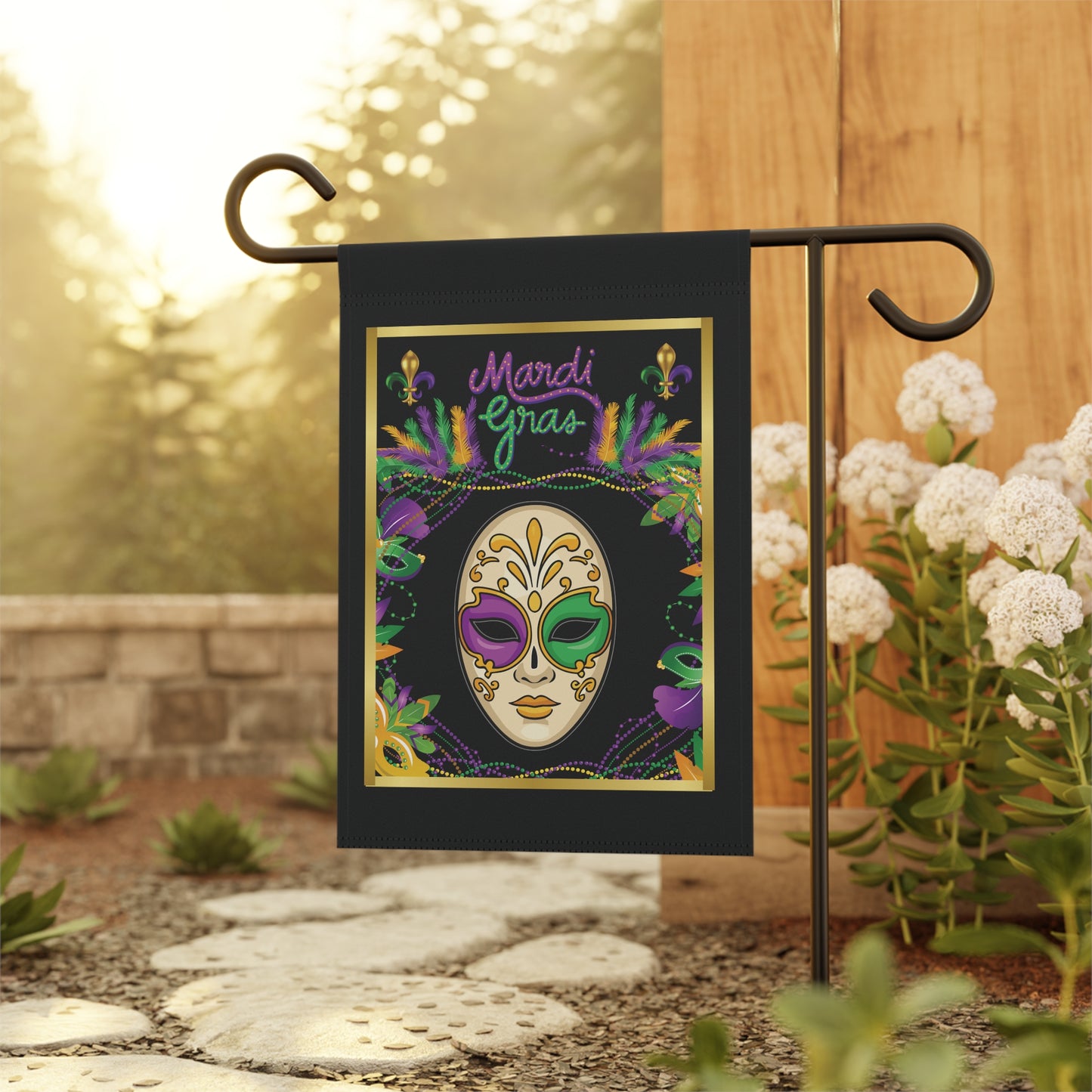 "Mardi Gras Mask",  12in x 18in  Black Garden Flag – Beautiful Beaded Mask And Carnival Colored Accents Help Celebrate Mardi Gras!