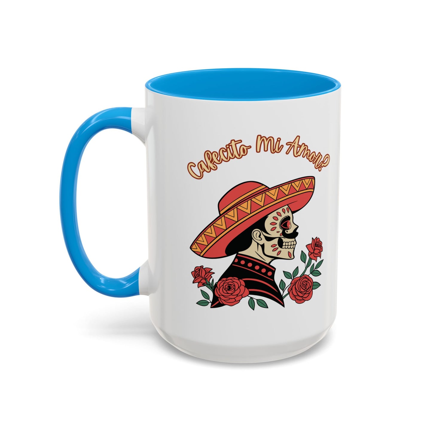 "Cafecito Mi Amor?" -El Hombre, Sugar Skull Style, White Ceramic Mugs with Colorful Accents (11oz/15oz)
