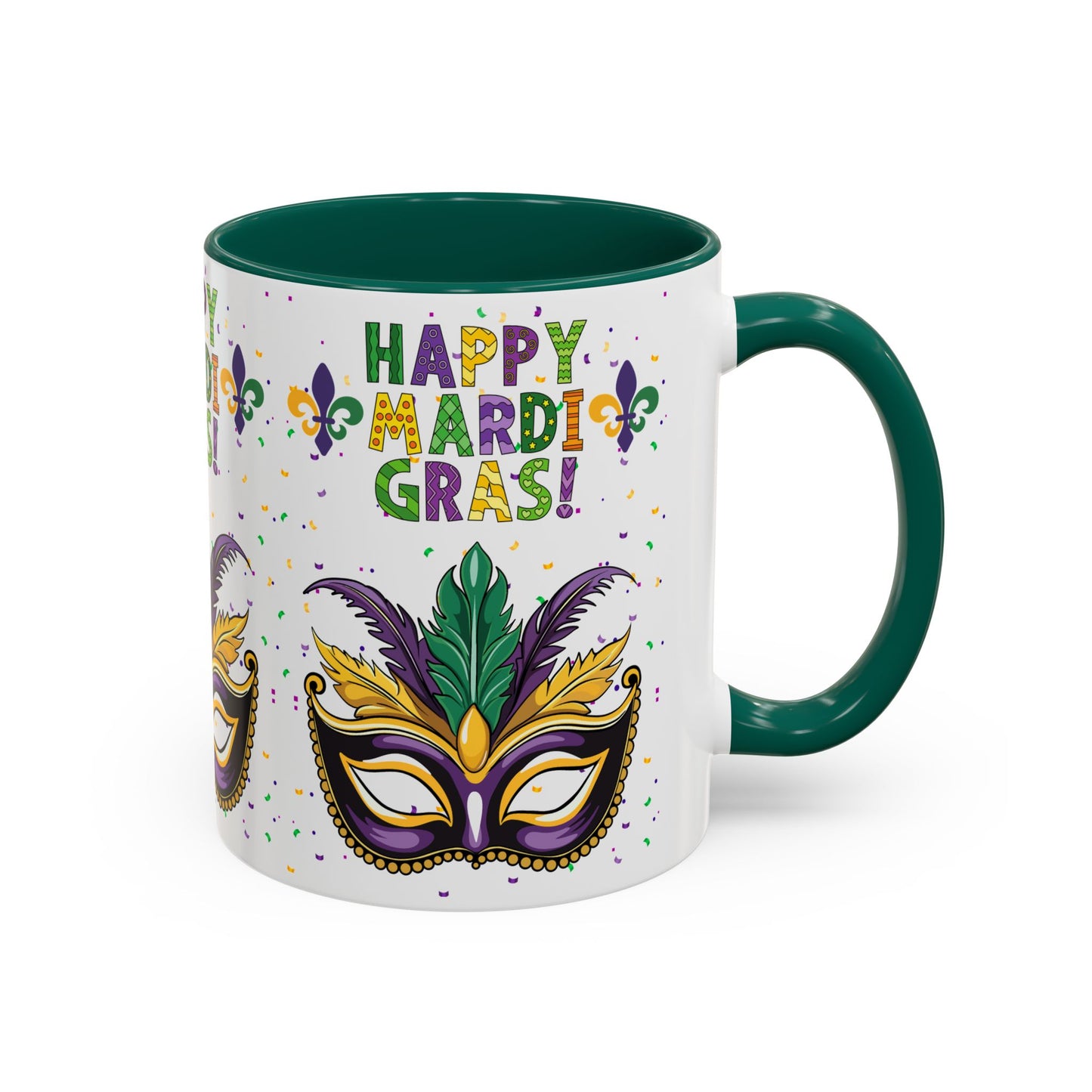 "Happy Mardi Gras Mask" White Ceramic 11oz Mugs With Colorful Accents.  Enjoy The Carnival Season Every time You Use This Mug.