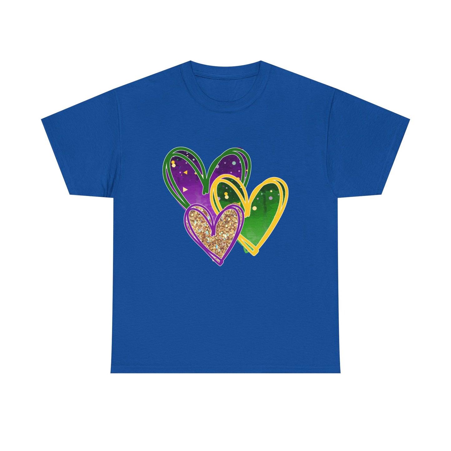 "Mardi Gras Hearts"  Unisex Adult Cotton Tee — Purple, Gold & Green Carnival Shirt.  It's Time To Party!