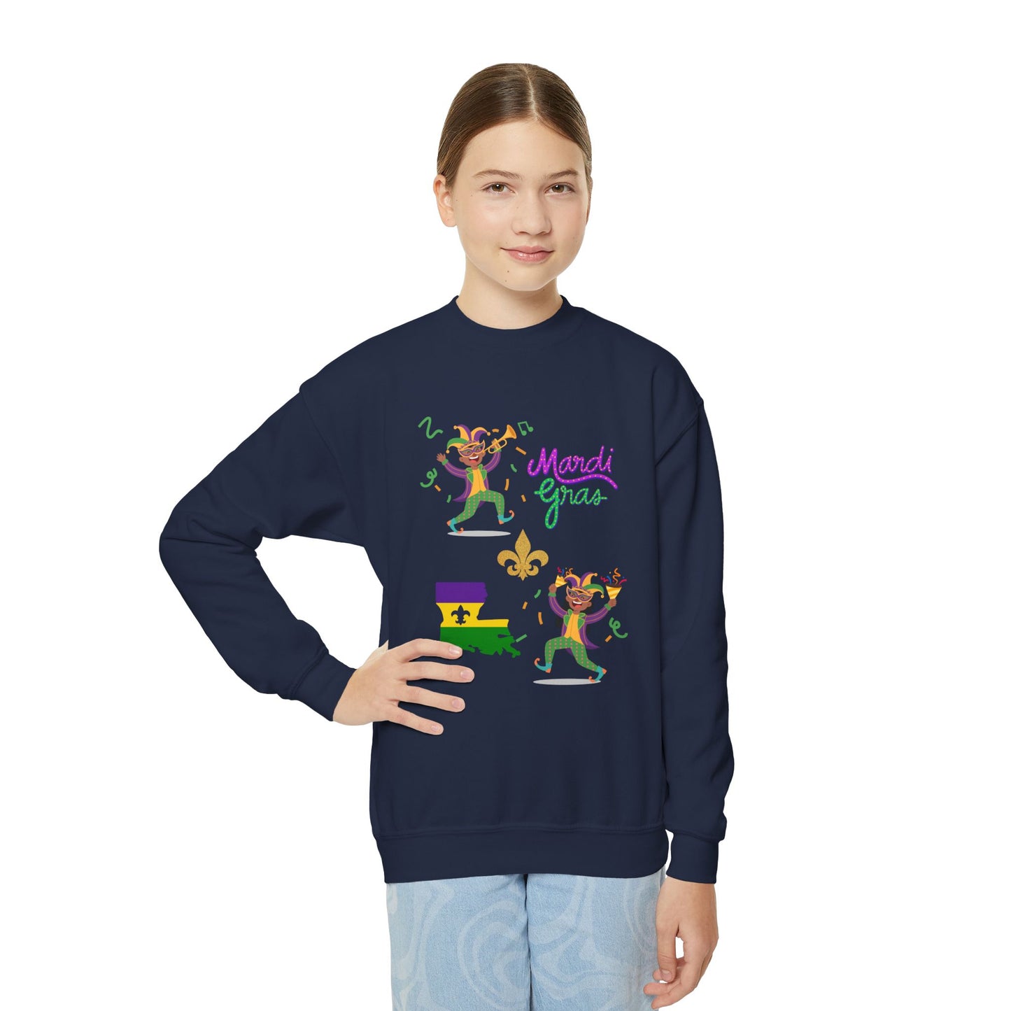 "Mardi Gras Kids" Youth Crewneck Sweatshirt — Colorful Beads, Jester Costumes & The State Of Louisiana all in Classic Mardi Gras Colors - Ready For The Parades!