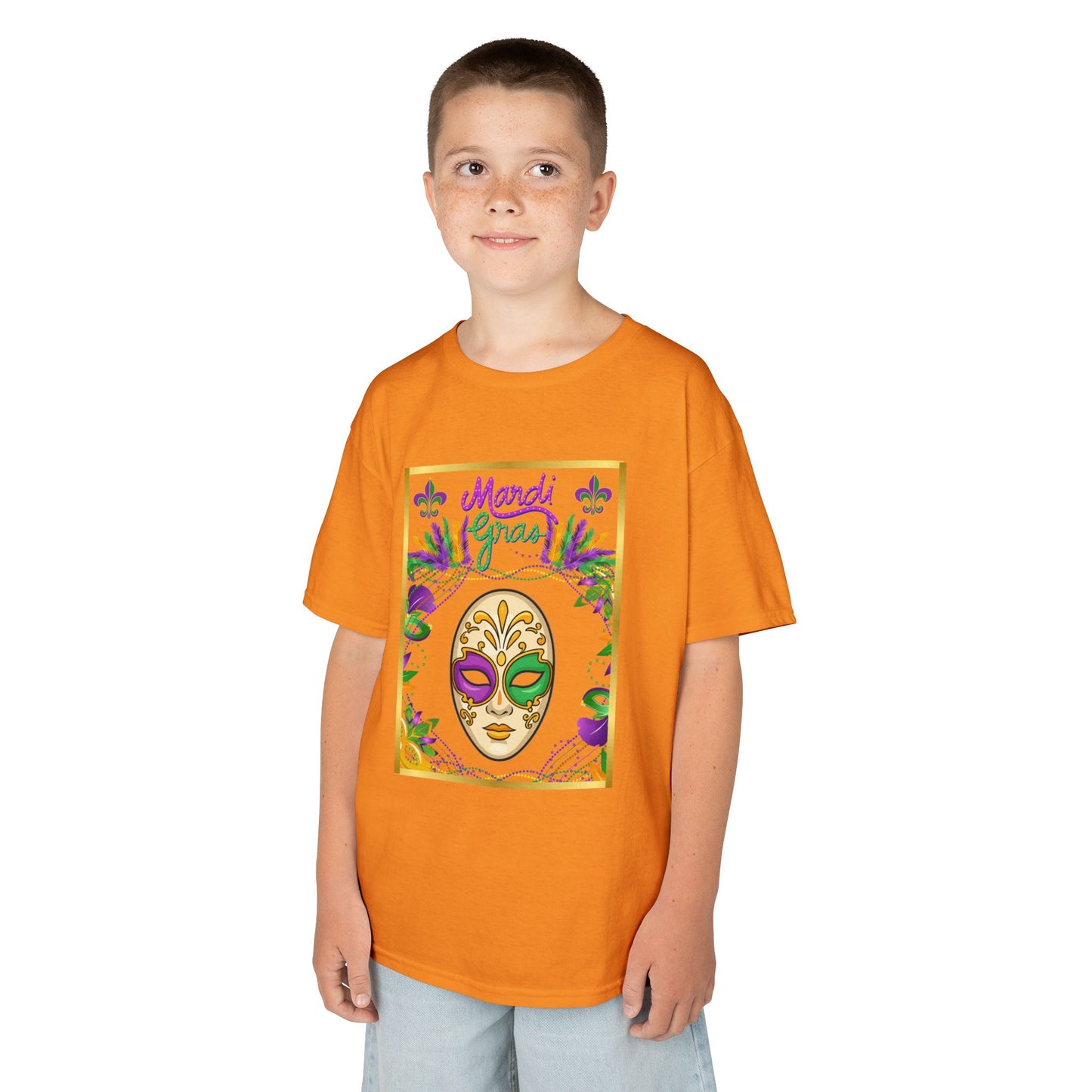"Mardi  Gras Mask"  Youth Unisex  Boxy T-Shirt.  This Stylish & Colorful Tee Has All The Elements Needed For Carnival Cheer!