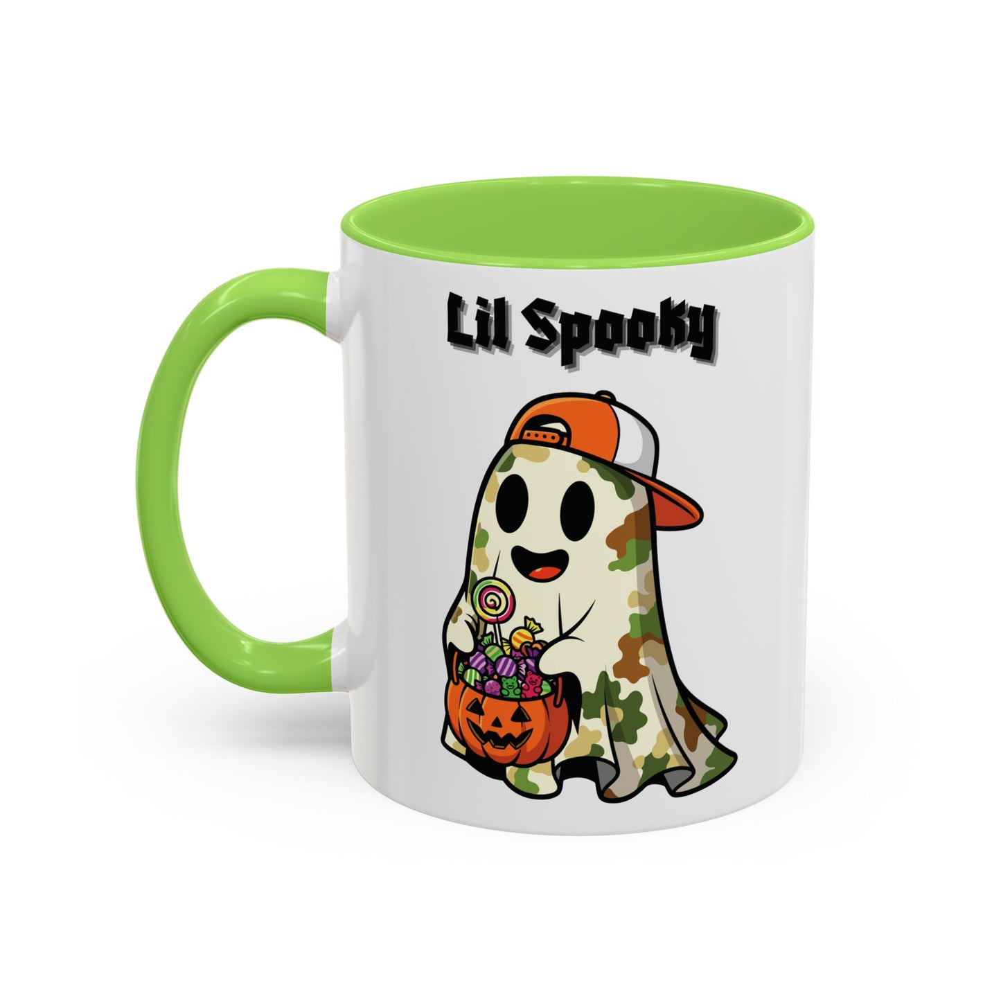 "Lil Spooky"  White Ceramic Halloween Mug With Colorful Accents — Cute Ghost Trick-or-Treat Ceramic Mug (11oz/15oz)
