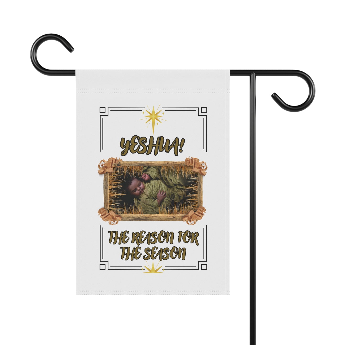 "Yeshua! The Reason for the Season" Featuring The Baby Savior In A Wooden Manger.  A Beautiful Decorative Garden Flag For Xmas!-White