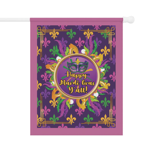 Mardi Gras Garden Flag — “Happy Mardi Gras Y’all” Decorative House Banner-Pink