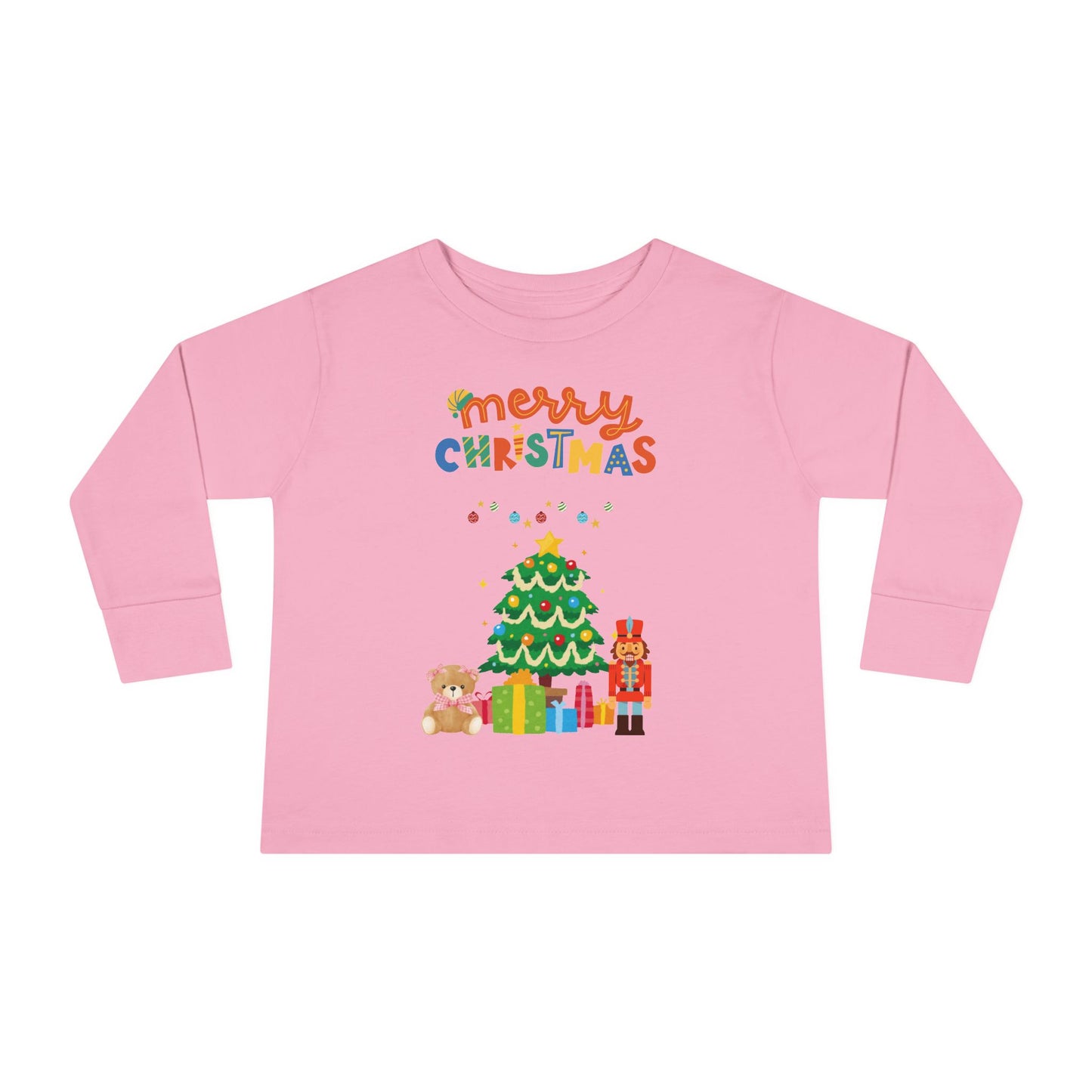 "Merry Christmas" Toddler Long Sleeve Tee – Cute Tree, Gifts & Nutcracker Holiday Shirt