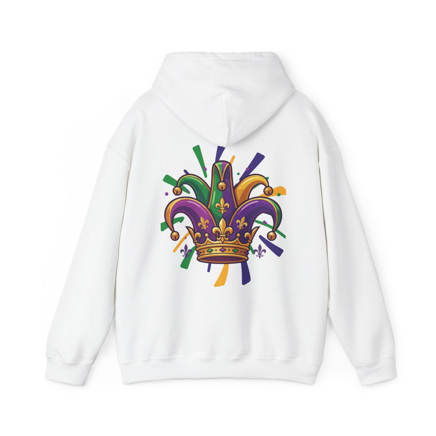 "Mardi Gras Jester Crown" Unisex Pullover Hoodie.  Festive Colorful Front Chest & Bold Back Designs Make This THE Hoodie Of Carnival Season!