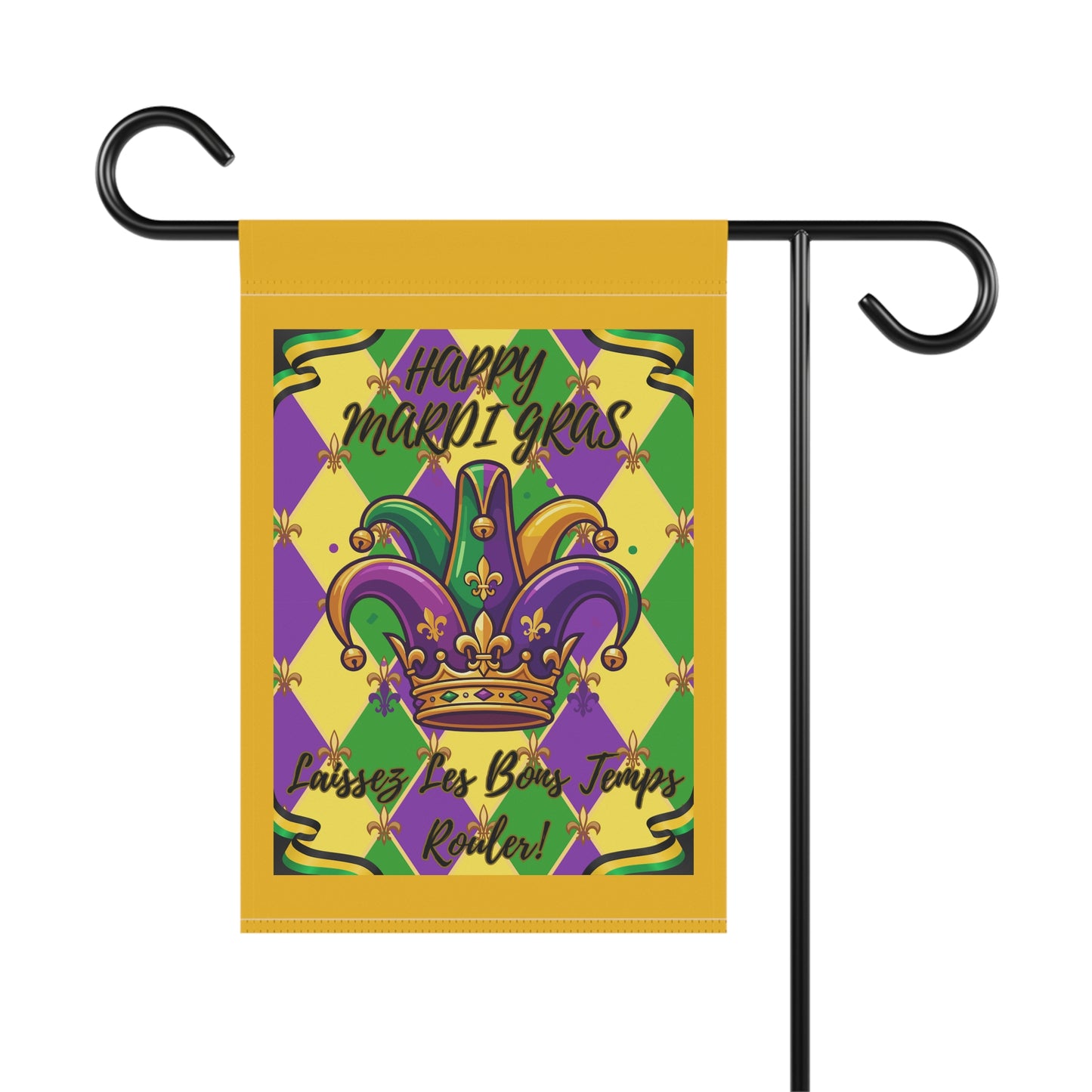 Happy Mardi Gras  Jester Crown-Laissez Les Bons Temps Rouler" Garden Flag — "Happy Mardi Gras" House Banner-Yellow