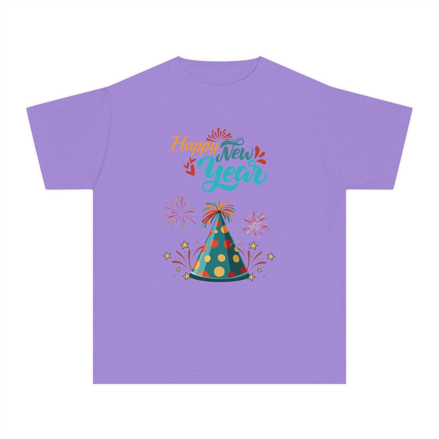 "Happy New Year -Party Hat and Fireworks" Kids/Youth T-Shirt .  A Fun, Colorful Tee For The Kids To Wear When Celebrating The New Year!