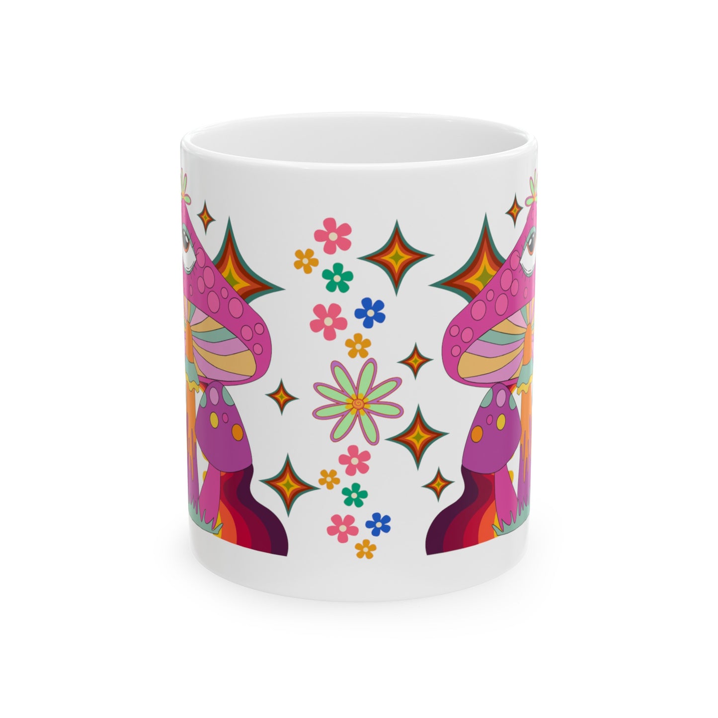 "Extra Groovy Mushrooms"  White Ceramic Mug, 11oz