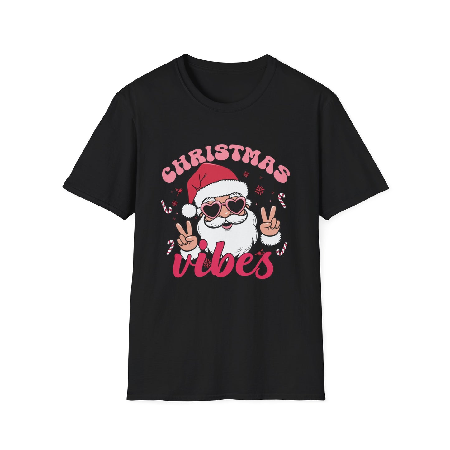"Christmas Vibes"  Smiling Santa Holiday Unisex T-Shirt.  Cool(Tan)Santa Wearing His Shades And Sharing A "Peace Sign".