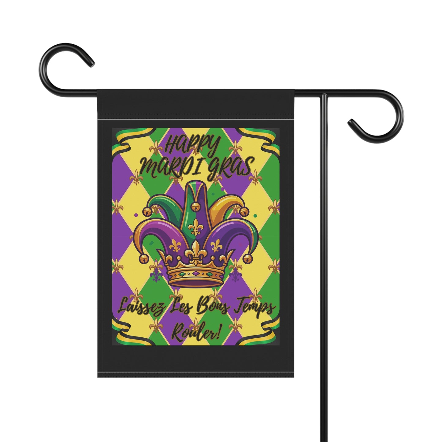 Mardi Gras Jester Crown Garden Flag — "Happy Mardi Gras-Laissez Les Bons Temps Rouler!" House Banner-Black