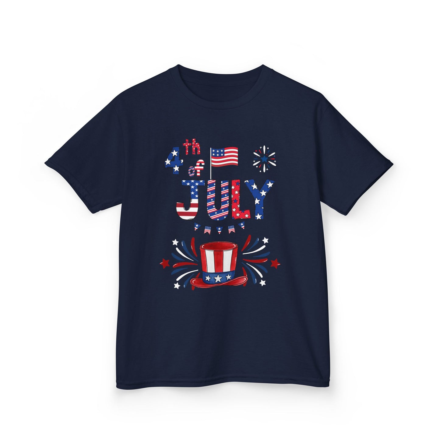Kids "4th of July" Patriotic Boxy Tee — Celebrate This Special Day With Fireworks & A Vibrant Uncle Sam Hat!