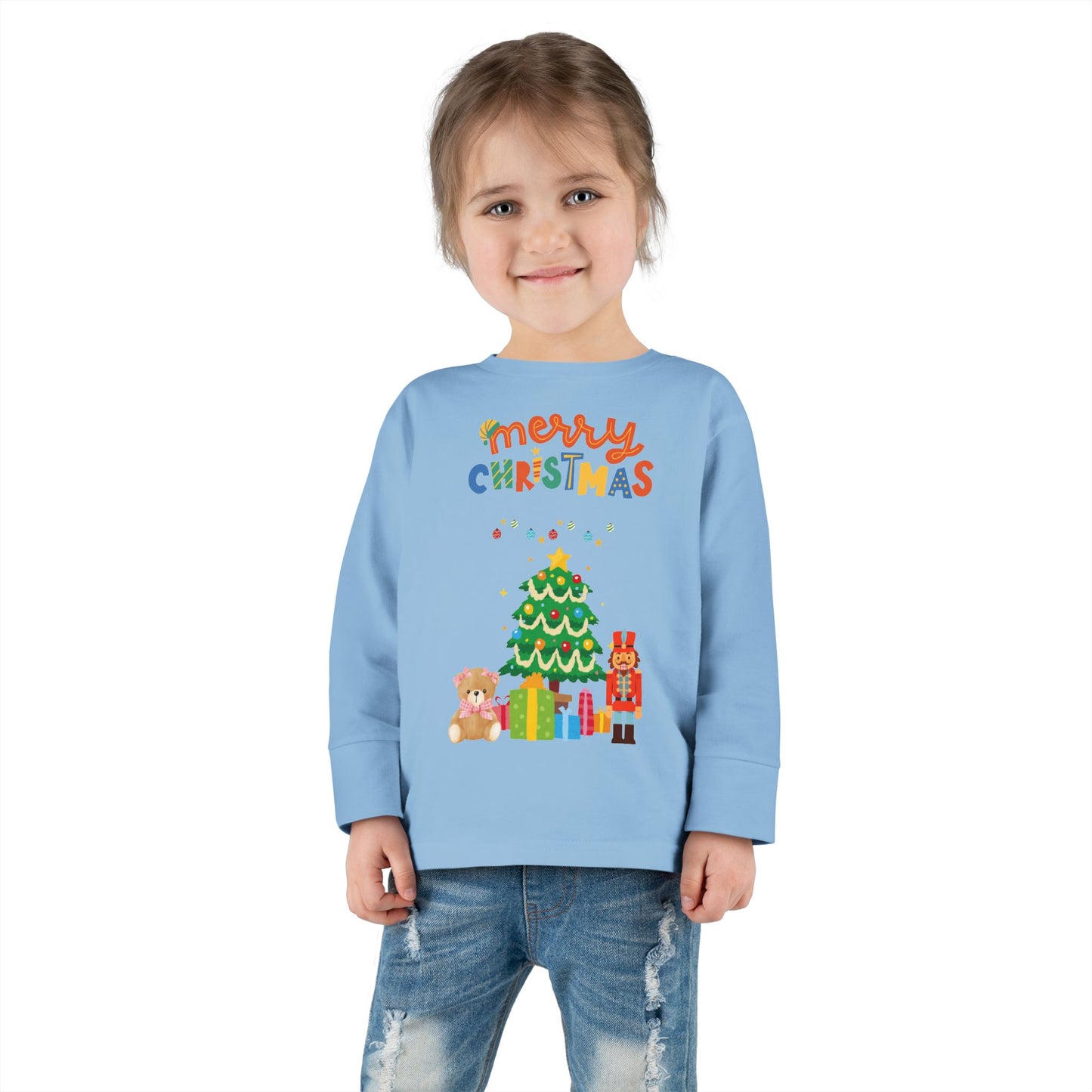 "Merry Christmas" Toddler Long Sleeve Tee – Cute Tree, Gifts & Nutcracker Holiday Shirt