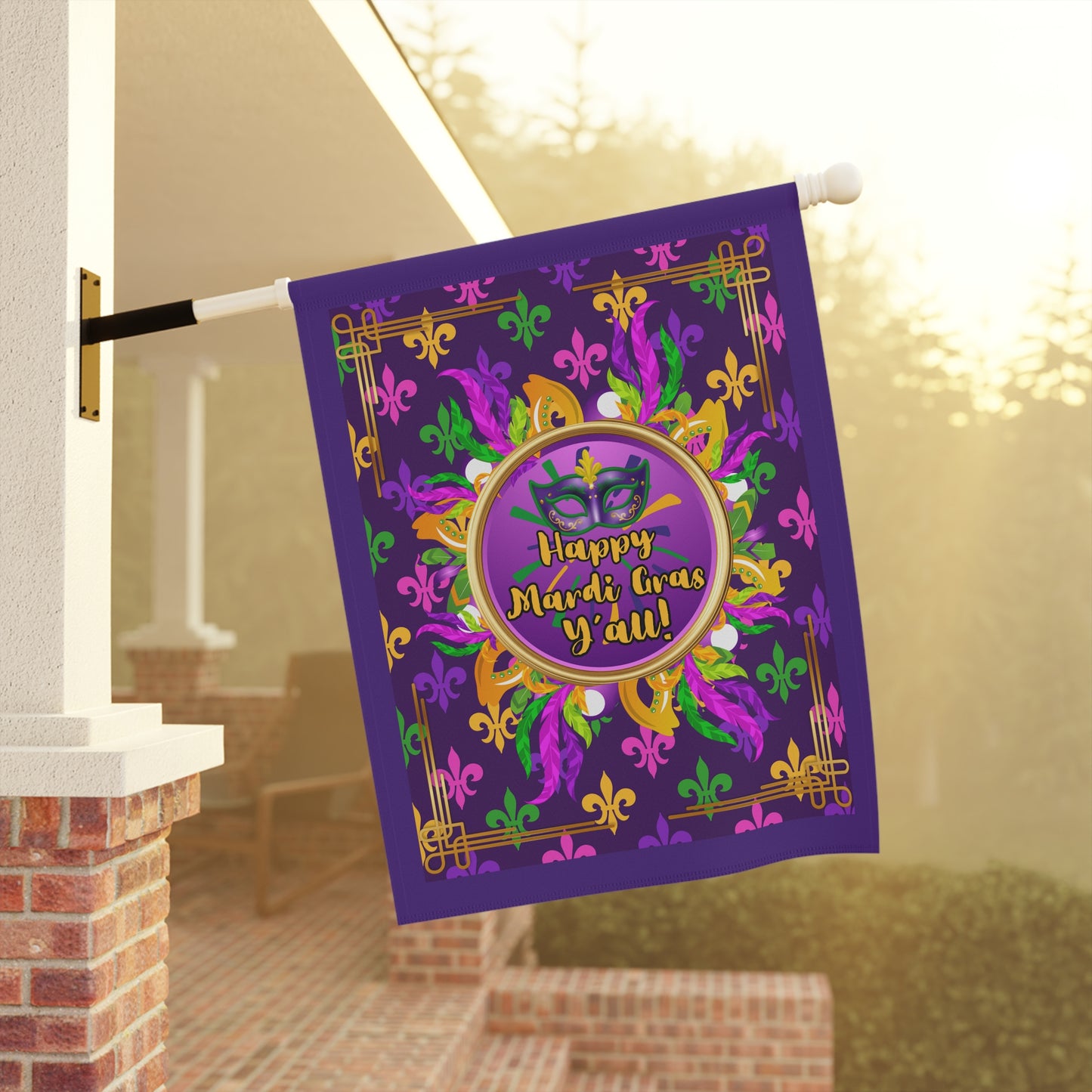 "Happy Mardi Gras Y'all",  Fleur De Lis Mardi Gras House Flag In Purple.   Let This Vibrant Paisley Banner/Flag Help You Celebrate Carnival Season!