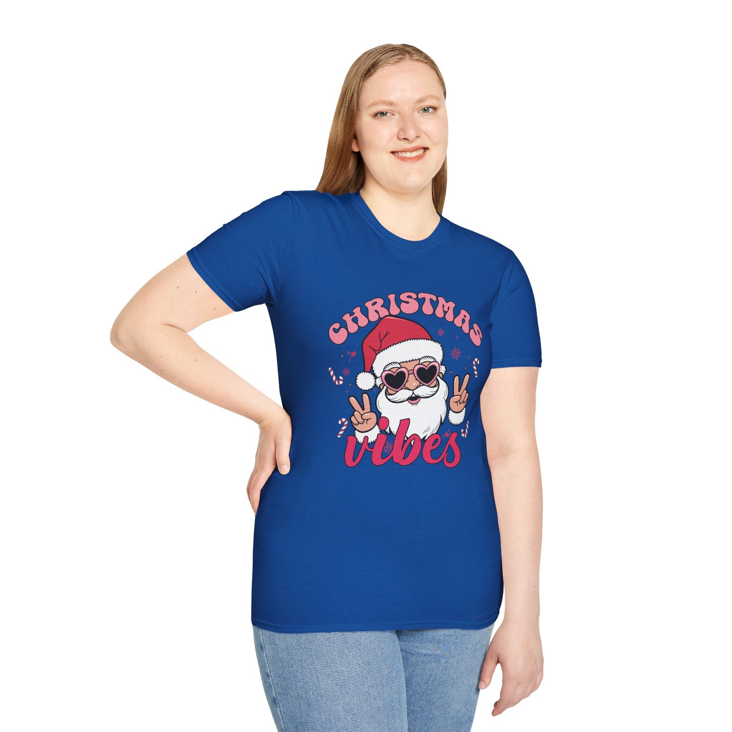 "Christmas Vibes"  Smiling Santa Holiday Unisex T-Shirt.  Cool(Tan)Santa Wearing His Shades And Sharing A "Peace Sign".