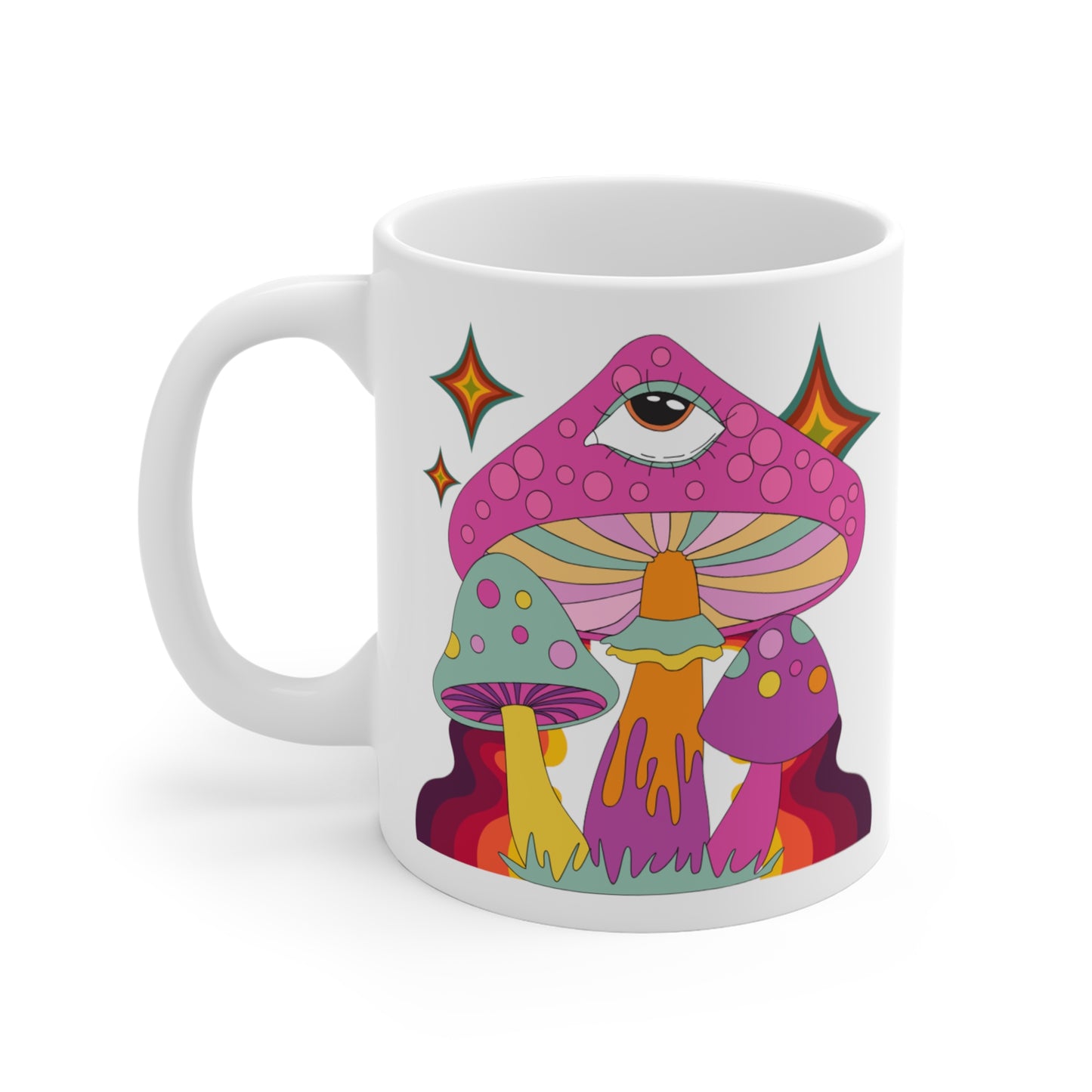 "Eye See You" 11 oz White Ceramic Mug With Colorful Mushroom Design!
