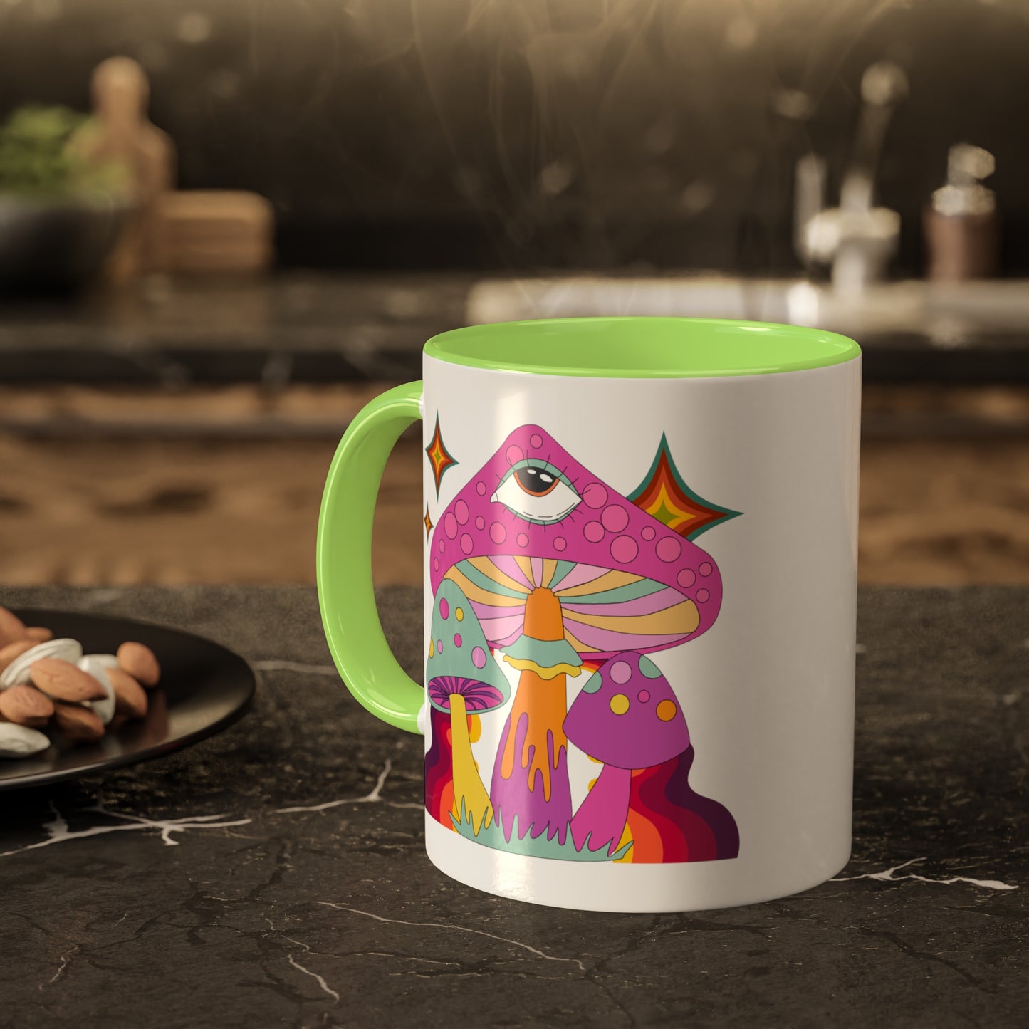 "Groovy Mushrooms" 11 oz White Mug with Colorful Accents