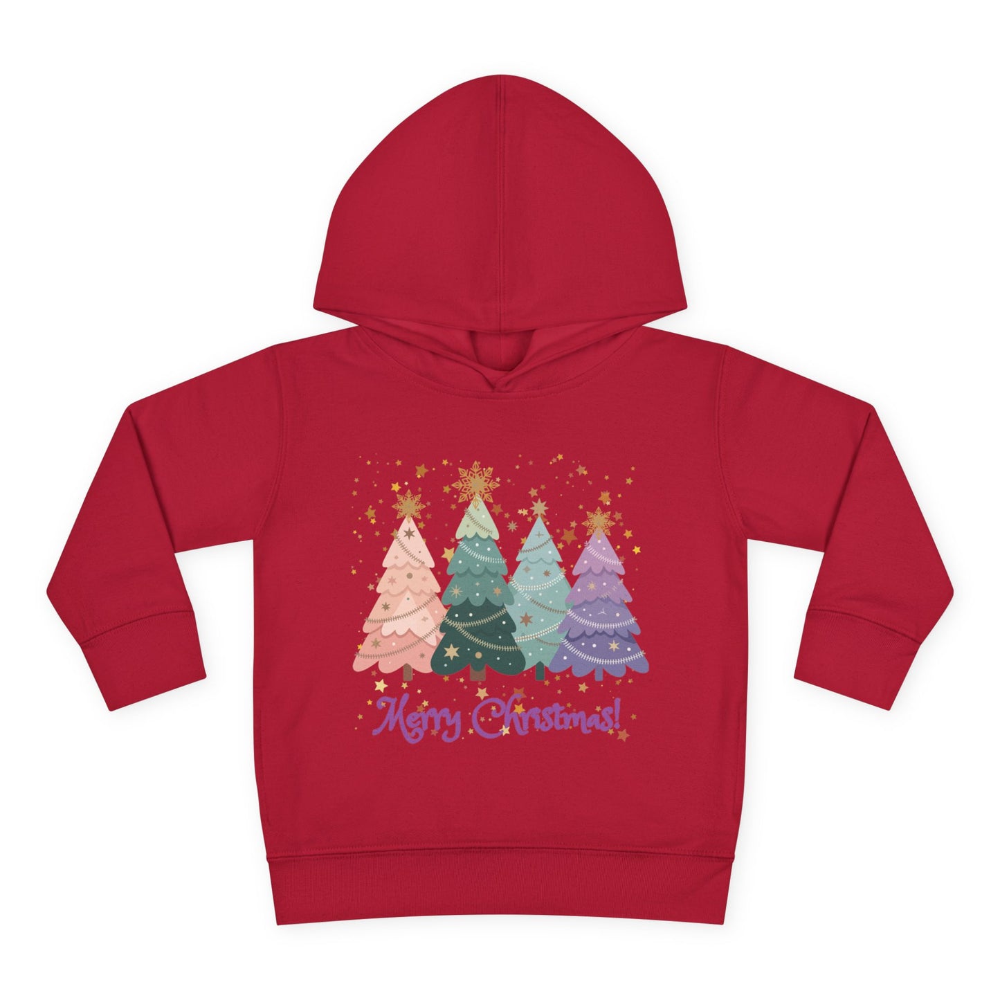 "Merry Xmas" Toddler Hoodie — Pastel Paper-Cut Christmas Trees with Gold Stars