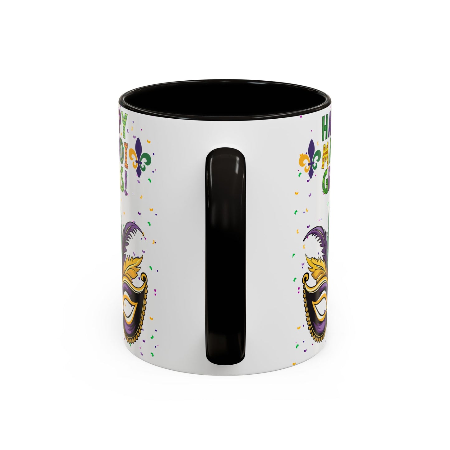 "Happy Mardi Gras" Mugs — Colorful 11oz/15oz Carnival Mask-Fleur De Lis Design White Ceramic Mugs