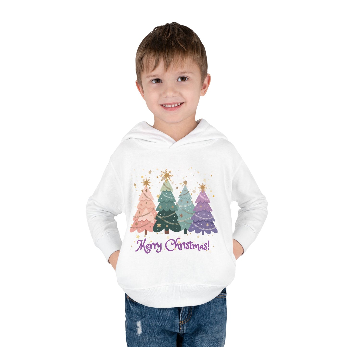 "Merry Xmas" Toddler Hoodie — Pastel Paper-Cut Christmas Trees with Gold Stars