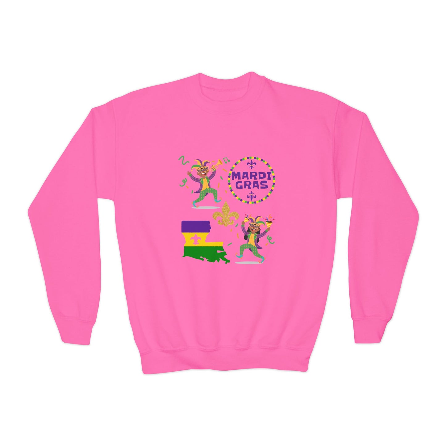 "Mardi Gras Kids" Youth Crewneck Sweatshirt — Colorful Beads, Jester Costumes & The State Of Louisiana all in Classic Mardi Gras Colors - Ready For The Parades!
