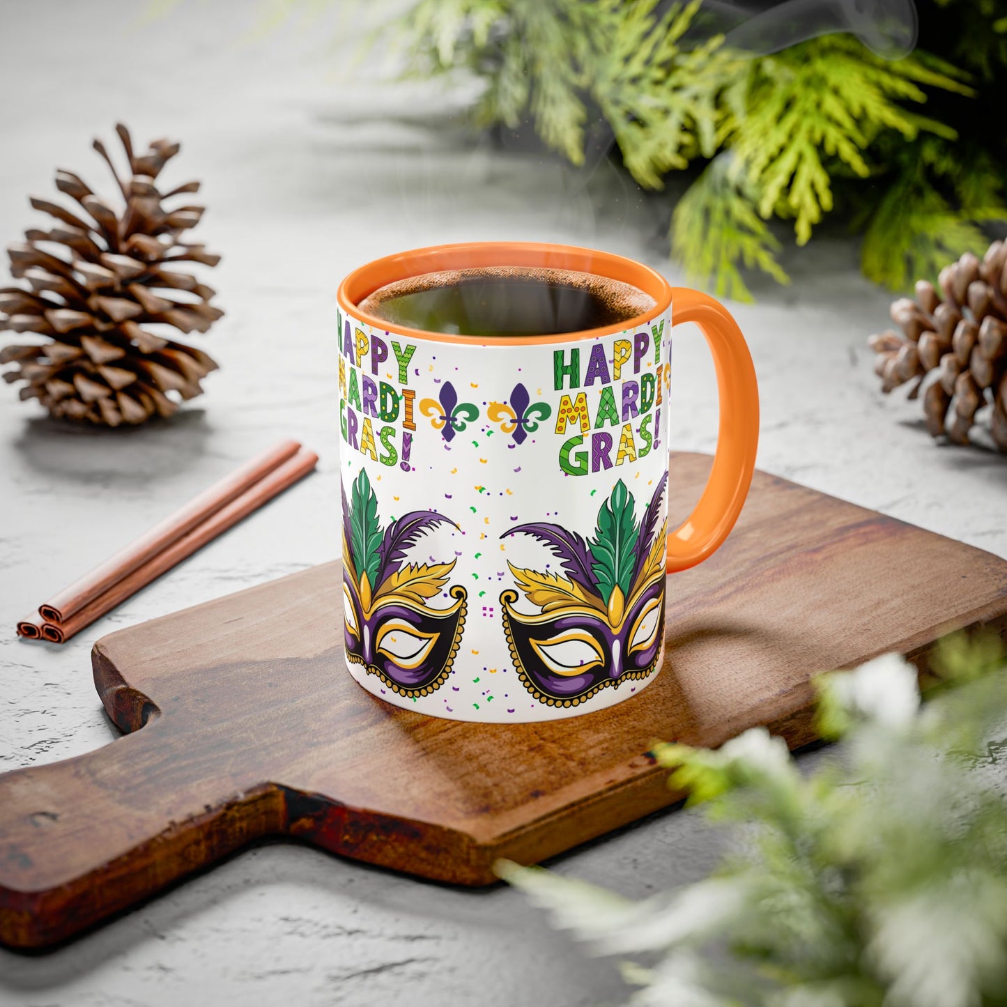"Happy Mardi Gras" Mugs — Colorful 11oz/15oz Carnival Mask-Fleur De Lis Design White Ceramic Mugs