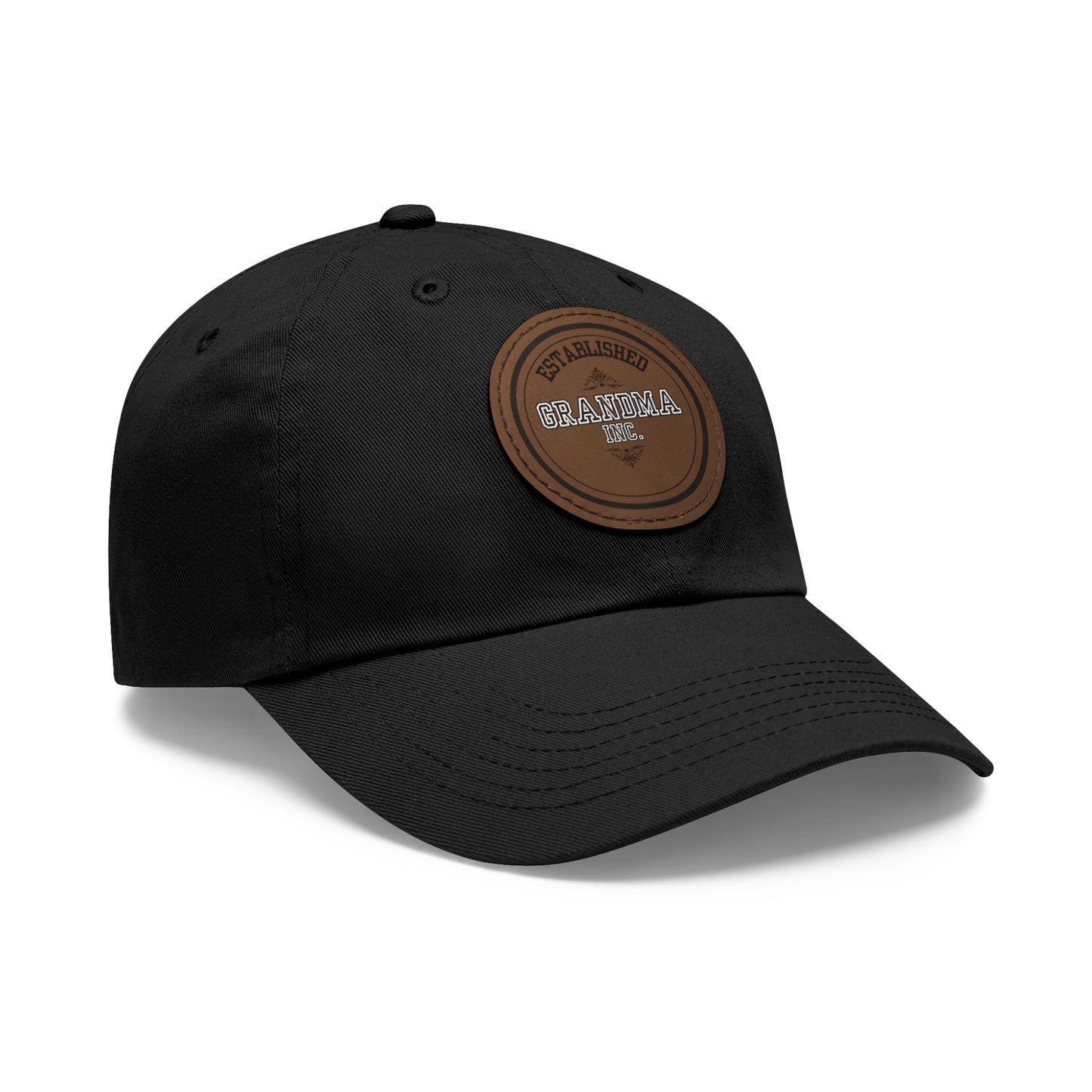 "GRANDMA INC." Black Twill Dad Hat with  PU Leather  Personalized Patch (Round)