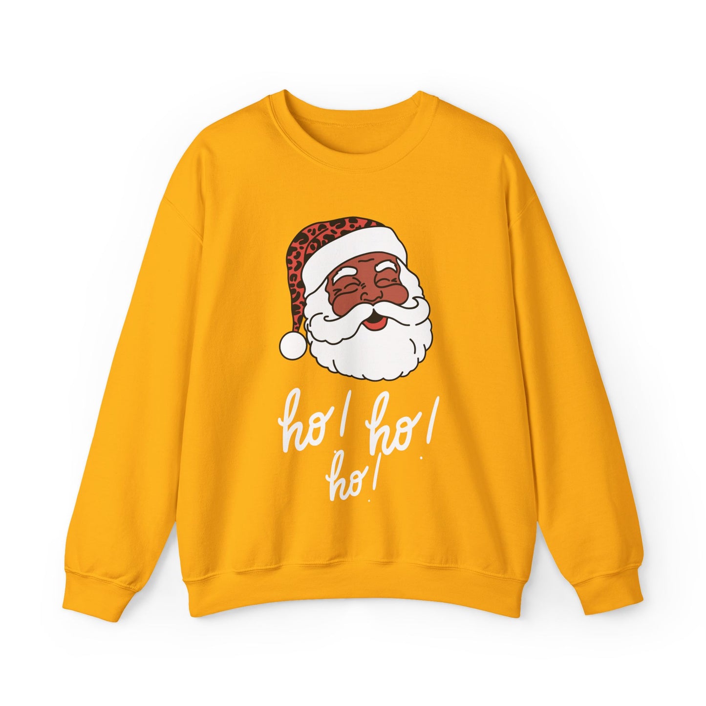 "Smiling (Brown) Santa - Ho Ho Ho!" Unisex Heavy Blend Sweatshirt, White Text