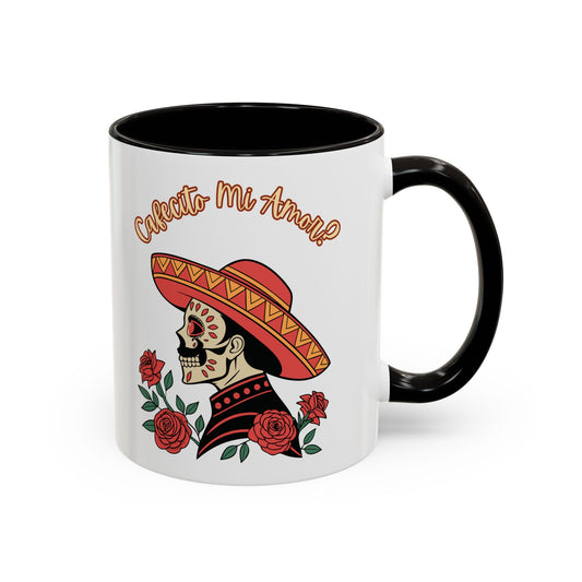"Cafecito Mi Amor?" -El Hombre, Sugar Skull Style, White Ceramic Mugs with Colorful Accents (11oz/15oz)