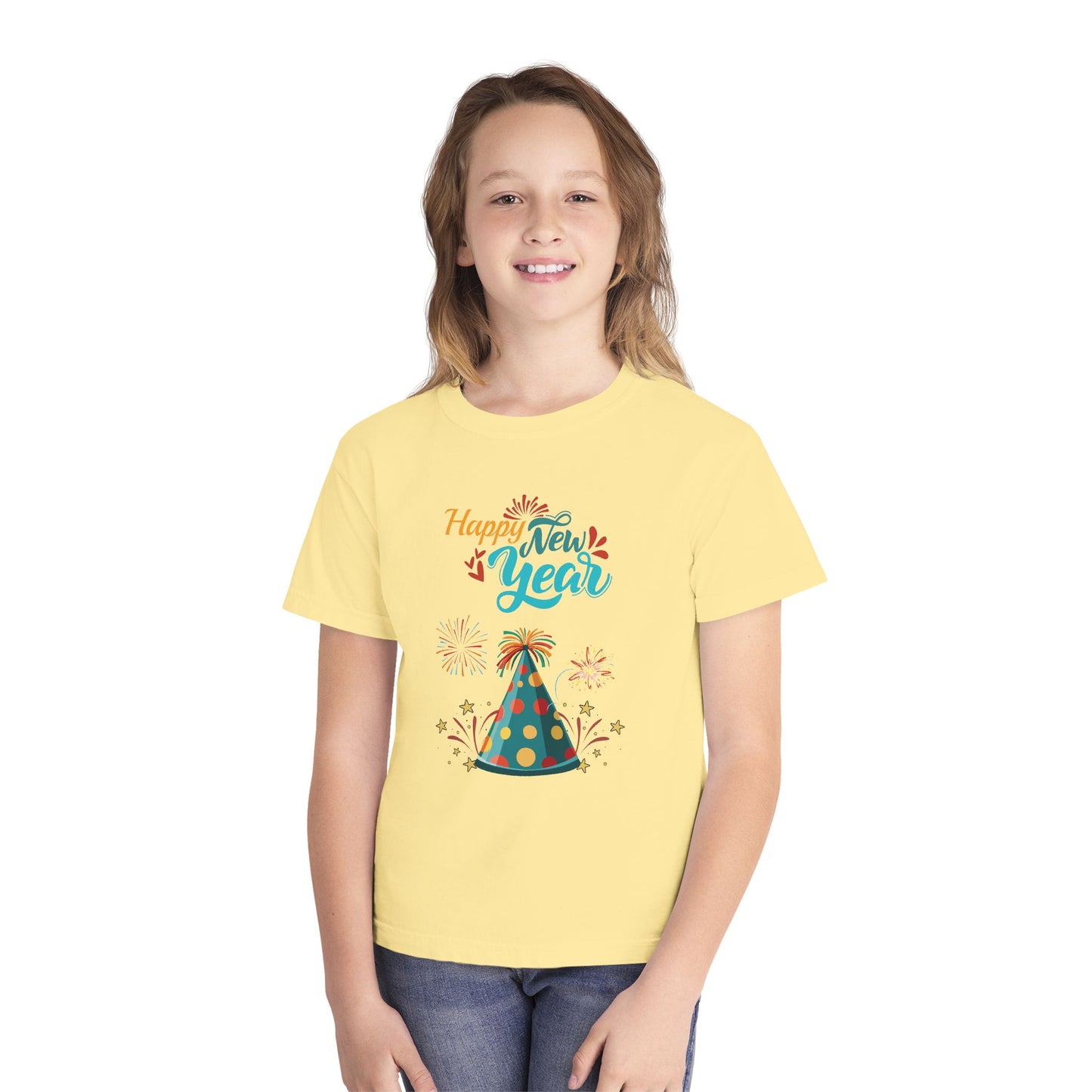 "Happy New Year -Party Hat and Fireworks" Kids/Youth T-Shirt .  A Fun, Colorful Tee For The Kids To Wear When Celebrating The New Year!