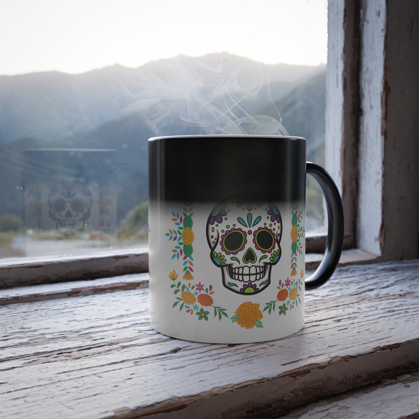 Vibrant Floral "Sugar Skull Mug "- Color Changing 11 oz Coffee Cup, Day of the Dead Gift!