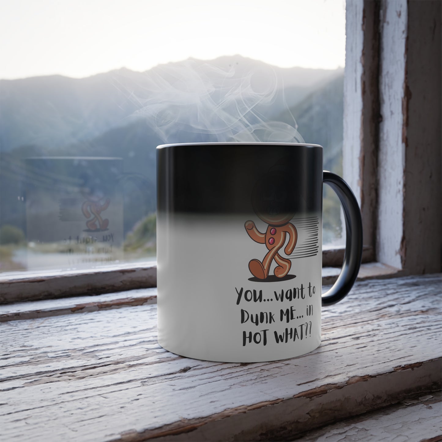 "Running Gingerbread Man" Color Morphing 11 oz, Ceramic Coffee Mug. Enjoy This Fun Holiday Design!