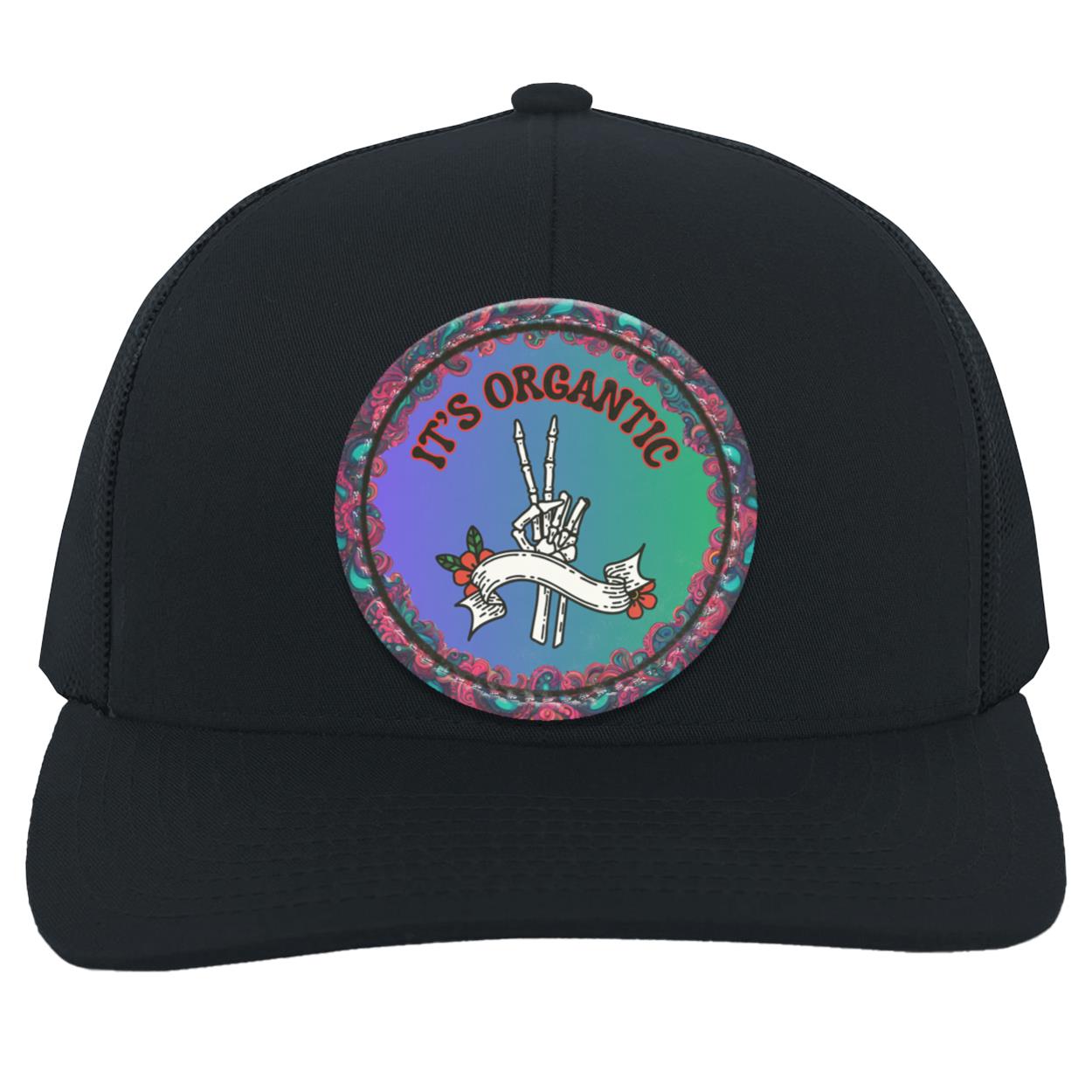 "It's Organtic-Skeleton Peace Sign" Trucker Snap Back Cap with Custom Vegan Leather Patch