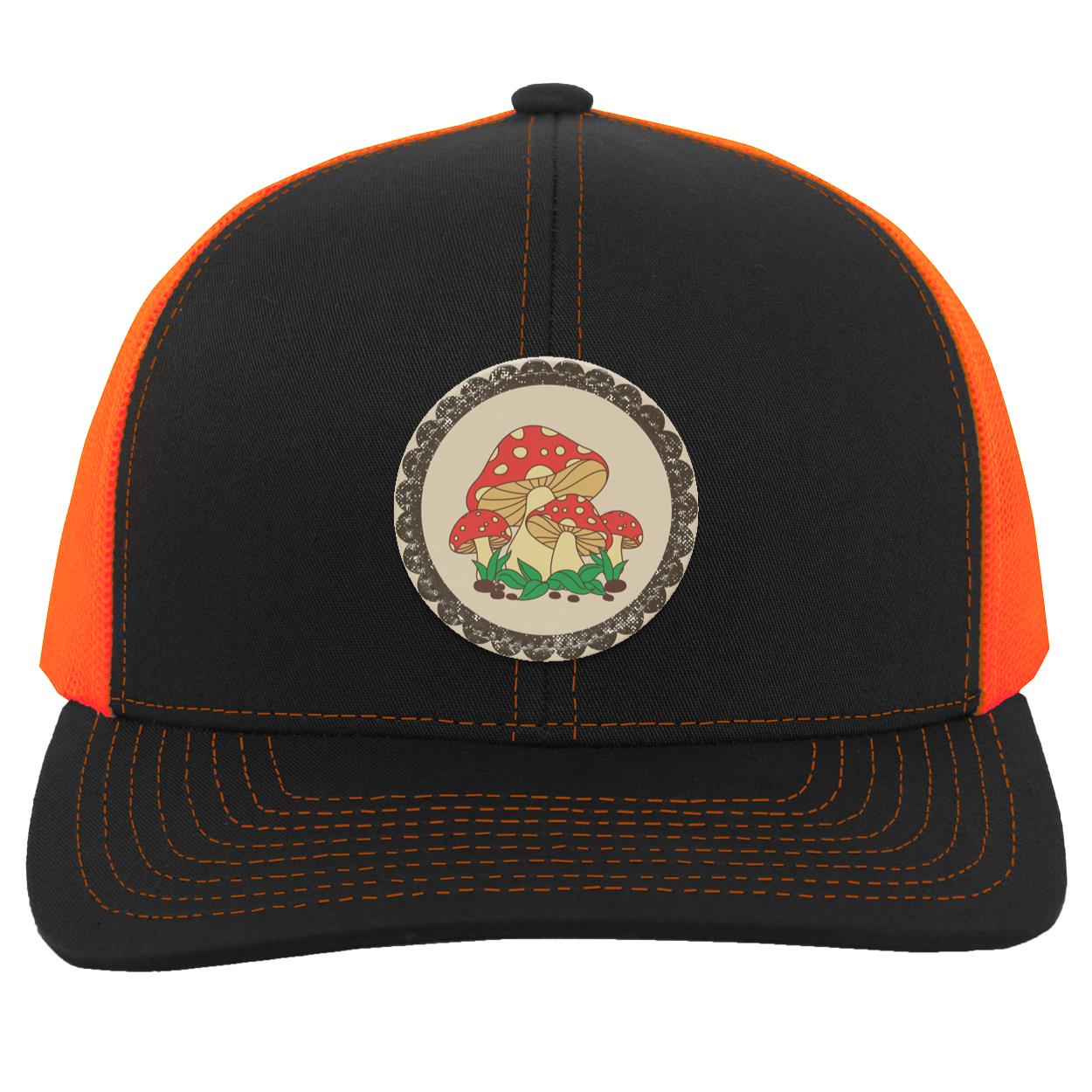 "Toadstools", Snapback Trucker Hat, Eggshell Colored Vegan Leather Patch w/ Scalloped Border