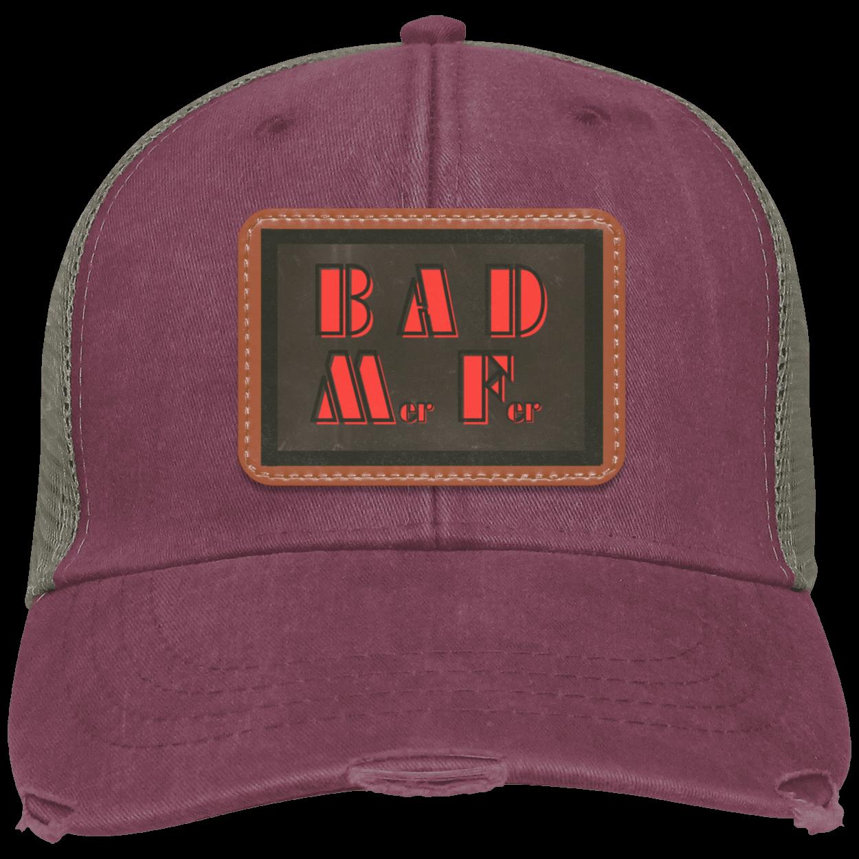 "BAD M-er  F-er" Distressed Snap Back Trucker Hat with Vegan Leather Patch