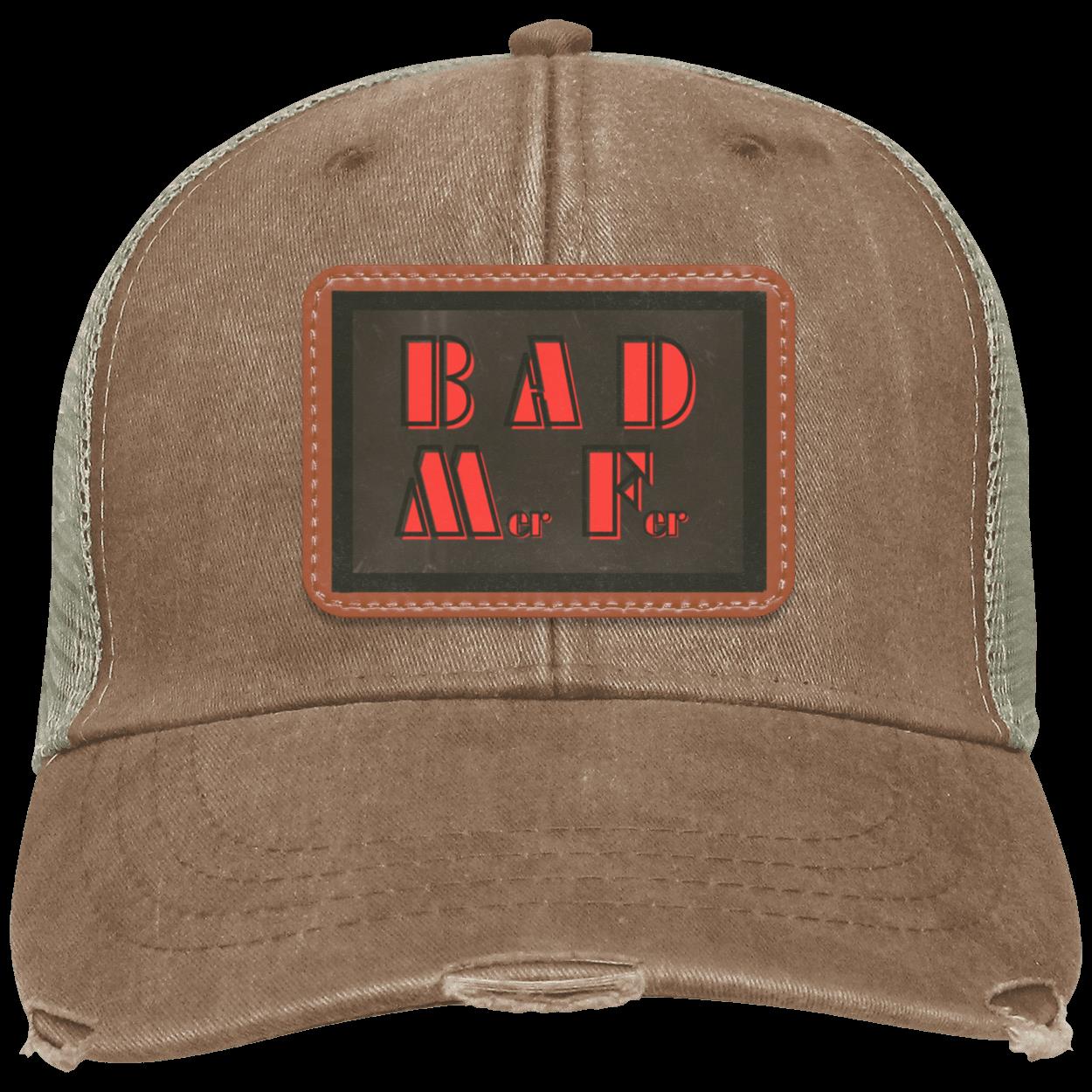 "BAD M-er  F-er" Distressed Snap Back Trucker Hat with Vegan Leather Patch