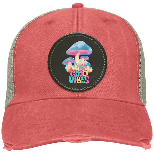 "Good Vibes" Distressed Ollie Cap with Black Circle Vegan Patch