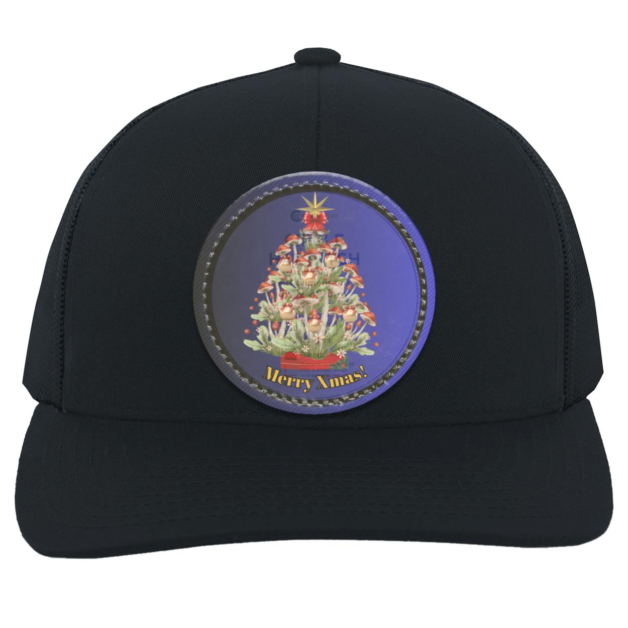 Mushroom Xmas Tree Circle hat patch. Ombre dk Blue Blk circle border, CC "Mushroom Xmas Tree", Trucker Snapback Hat with Blue Ombre Circle Vegan Leather Patch patch104C Trucker Snap Back
