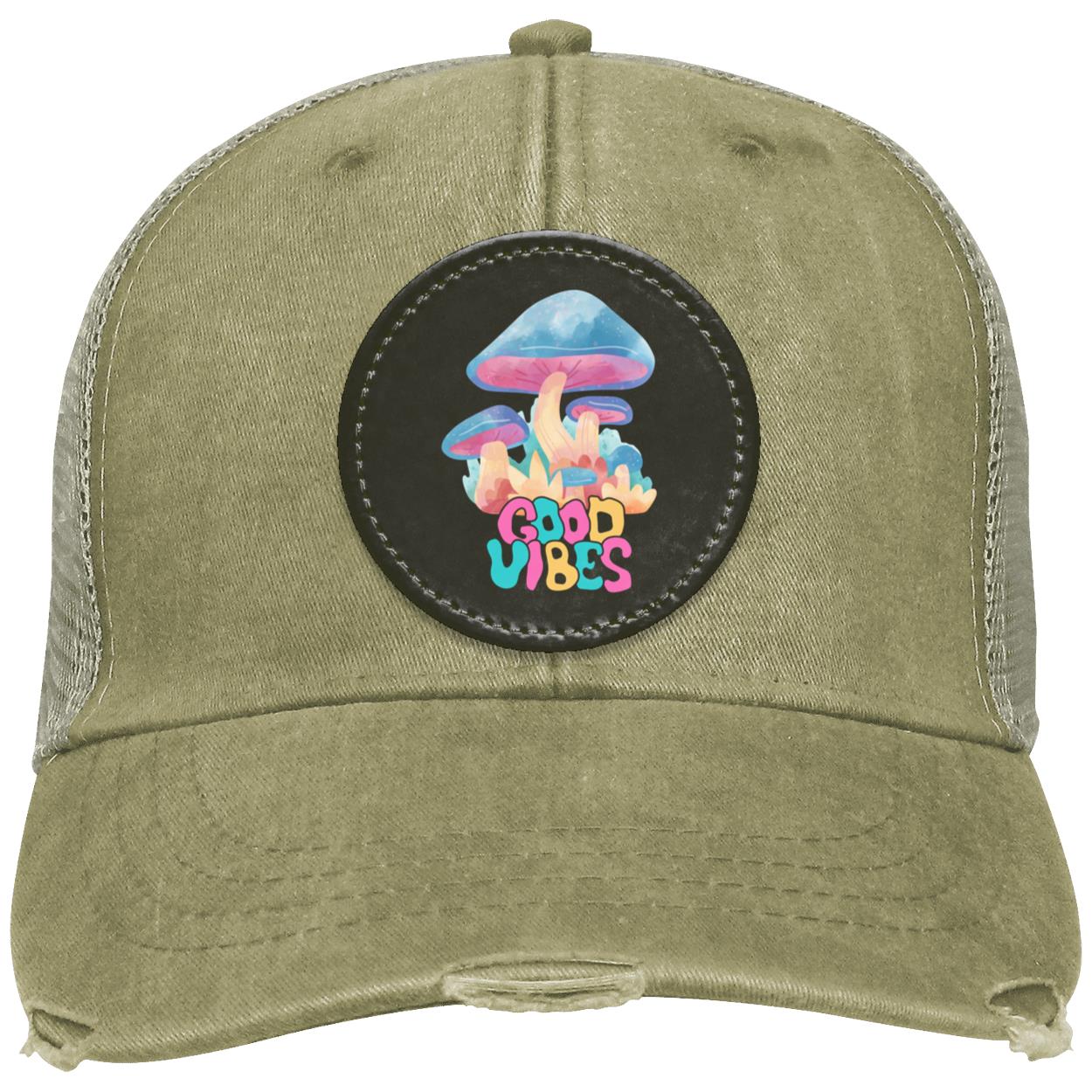 "Good Vibes" Distressed Ollie Cap with Black Circle Vegan Patch