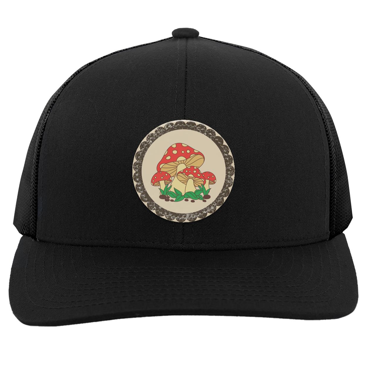 "Toadstools", Snapback Trucker Hat, Eggshell Colored Vegan Leather Patch w/ Scalloped Border