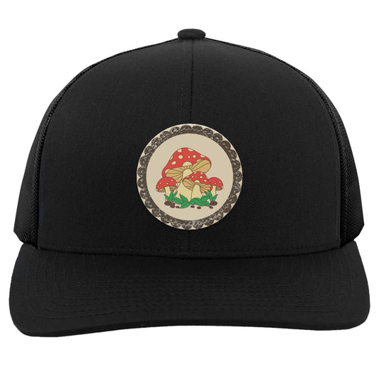 "Toadstools", Snapback Trucker Hat, Eggshell Colored Vegan Leather Patch w/ Scalloped Border