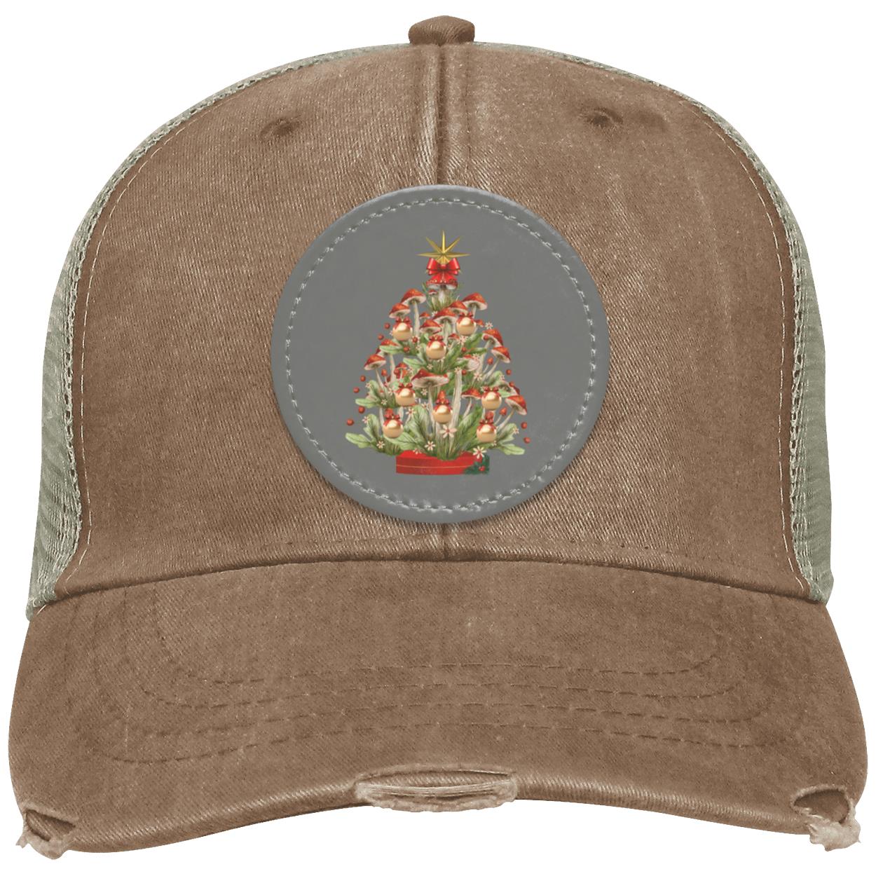 Mushroom Xmas Tree Circle hat patch. grey, BlkRed txtCC  (1) "Mushroom Xmas Tree", OL102 Adams  Distressed Ollie Cap with Grey Circular Vegan Leather Patch