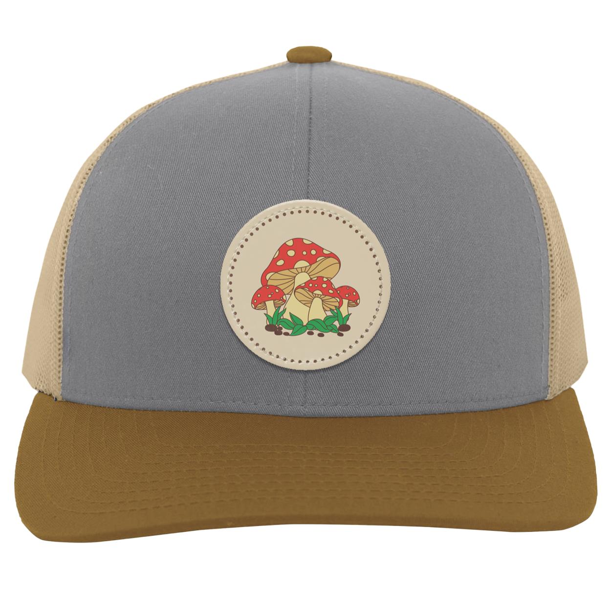 "Toadstools", Snapback Trucker Hat,  Eggshell  Colored  Small Circular Vegan Patch w/Dotted Border