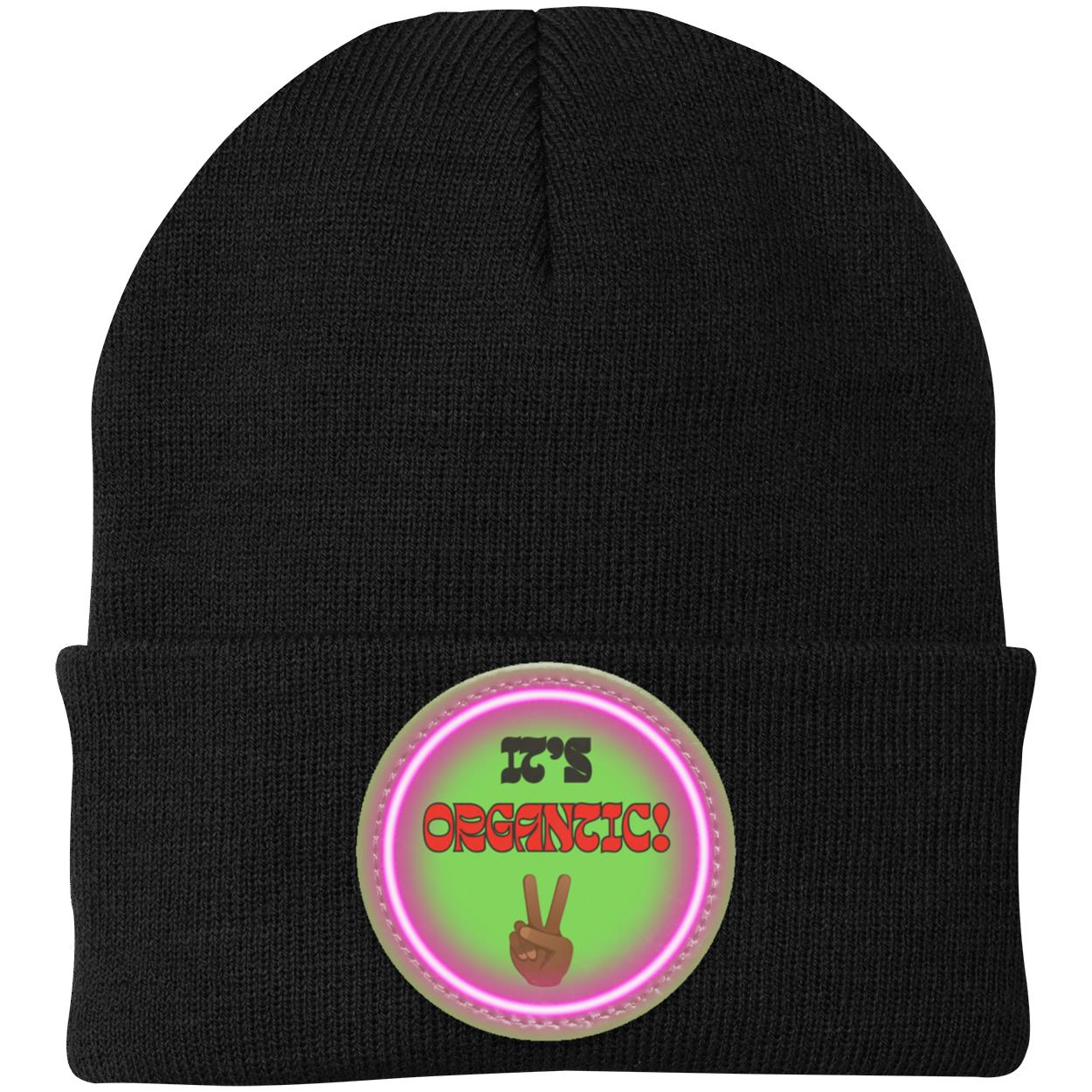 "It's Organtic,"  Knit Cap with Neon purple Vegan Leather Patch