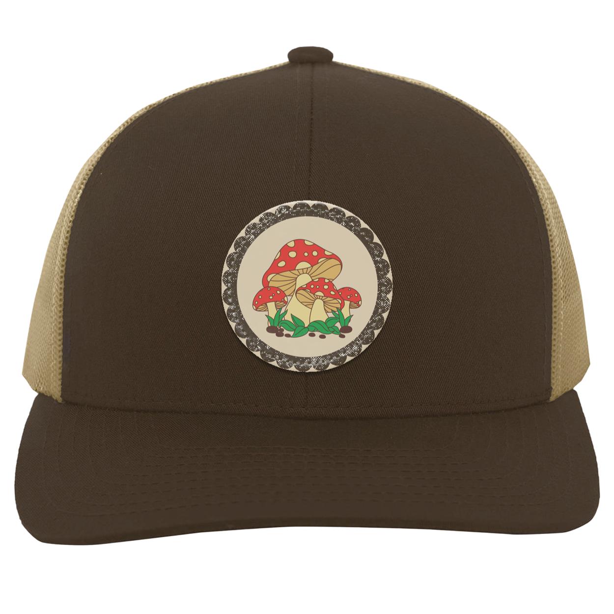 "Toadstools", Snapback Trucker Hat, Eggshell Colored Vegan Leather Patch w/ Scalloped Border