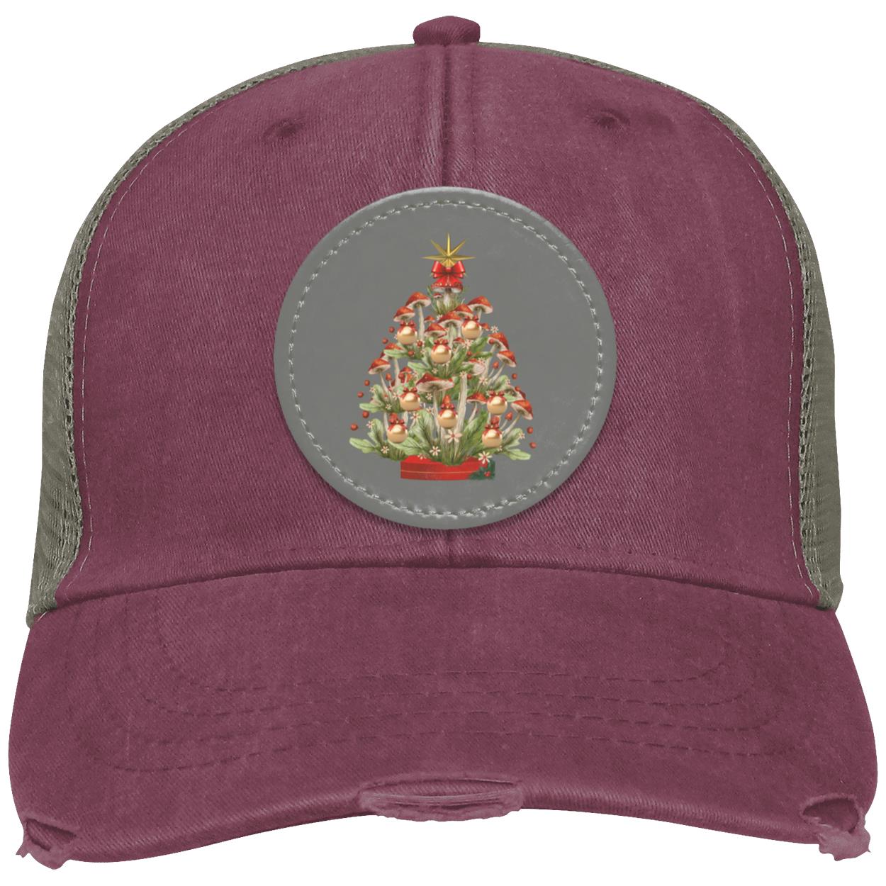 Mushroom Xmas Tree Circle hat patch. grey, BlkRed txtCC  (1) "Mushroom Xmas Tree", OL102 Adams  Distressed Ollie Cap with Grey Circular Vegan Leather Patch