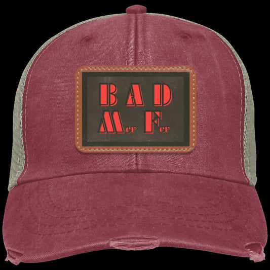 "BAD M-er  F-er" Distressed Snap Back Trucker Hat with Vegan Leather Patch