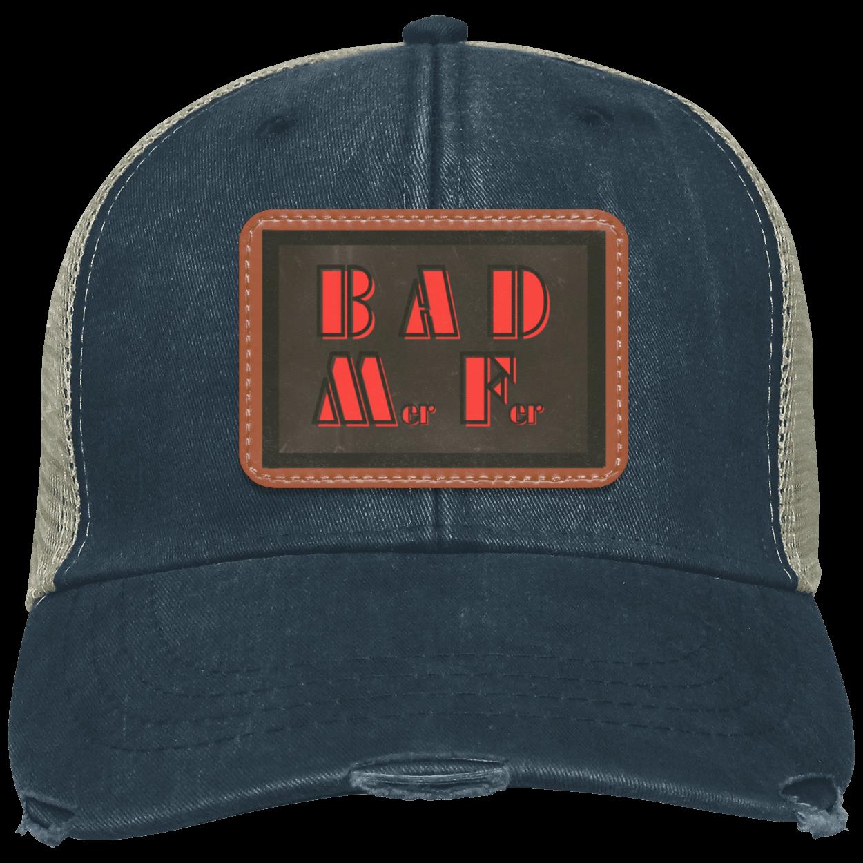 "BAD M-er  F-er" Distressed Snap Back Trucker Hat with Vegan Leather Patch