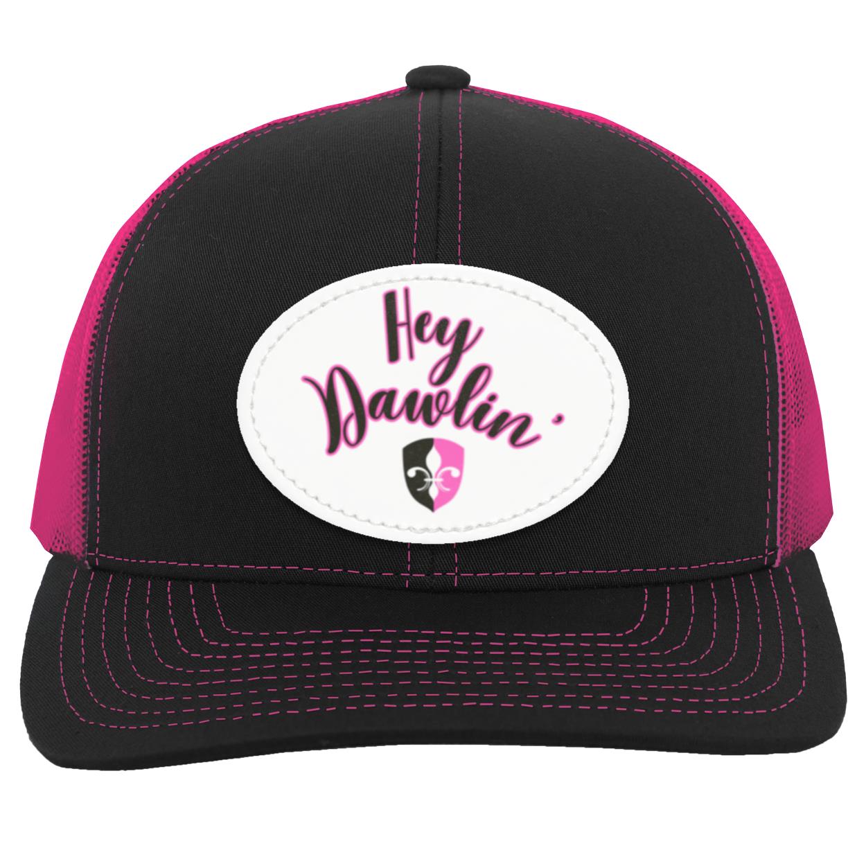 "Hey Dawlin' " Trucker Snap Back -White Oval Vegan Leather Patch